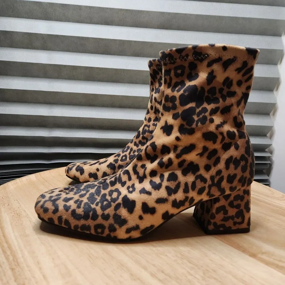 Soda Adena Leopard Print Heeled Ankle Booties Women’s 7.5 Side‑Zip